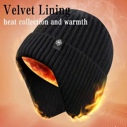 Men Winter Knitted Hat Plush Warmth Peaked Cap Outdoor Earmuff Casual Fashion Faux Fur Lined Hooded Hats Cycling Ear Protection